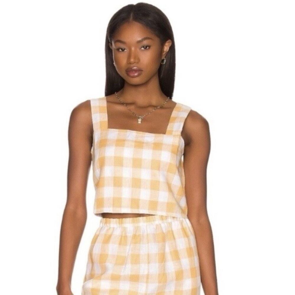 Vitamin A 100% linen Yellow Gingham Cropped Tank: coastal core butter yellow